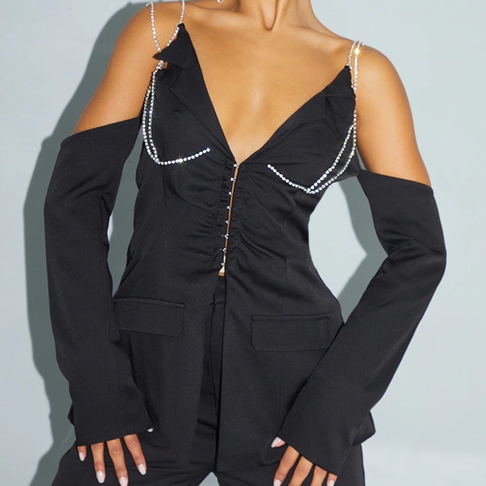 PLT Black Diamonte Cup Detail Fitted Blazer